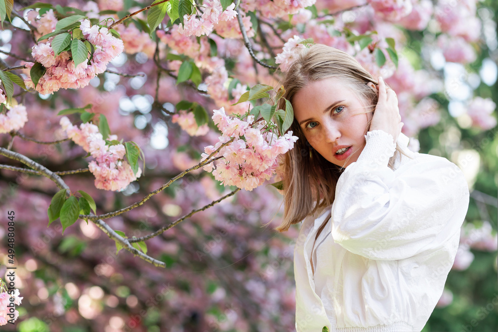 Fototapeta premium A blonde woman in a white shirt poses near the cherry blossoms. Spring mood