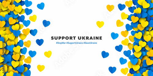Support Ukraine Vector Yellow Blue Paper Hearts Frame Isolated On White Background. Pray And Stay Solidarity With Ukraine Vector Wallpaper. Ukrainian National Flag Colours Abstract Artwork photo