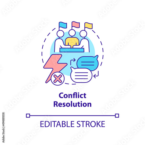 Conflict resolution concept icon. Strategy of peace building. Community security abstract idea thin line illustration. Isolated outline drawing. Editable stroke. Arial, Myriad Pro-Bold fonts used