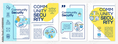 Community security blue and yellow brochure template. Ethnic group. Leaflet design with linear icons. 4 vector layouts for presentation, annual reports. Questrial, Lato-Regular fonts used © bsd studio