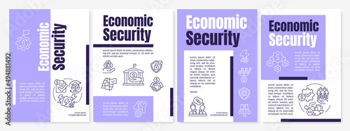 Economic security regulation purple brochure template. National safety. Leaflet design with linear icons. 4 vector layouts for presentation, annual reports. Anton, Lato-Regular fonts used