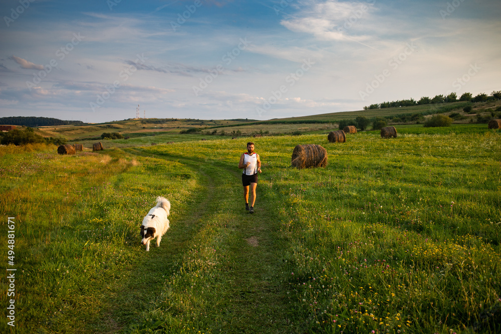 Fototapeta premium man running with his dog at sunset healthy active lifestyle
