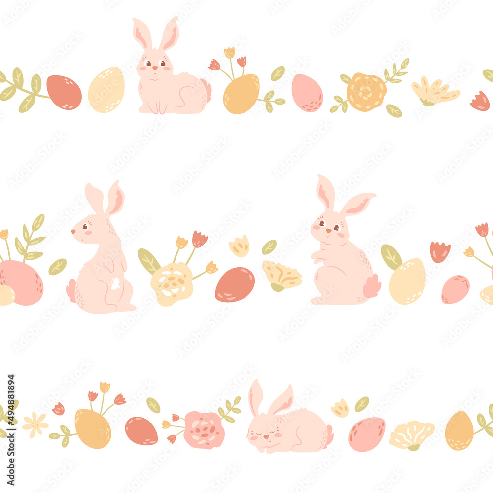Easter bunny with eggs and flowers in a row. Seamless pattern with borders, cute rabbit, floral compositions. Vector illustration. Easter bunny with eggs and flowers in a row. Seamless pattern with borders, cute rabbit, floral compositions. Vector illustration.