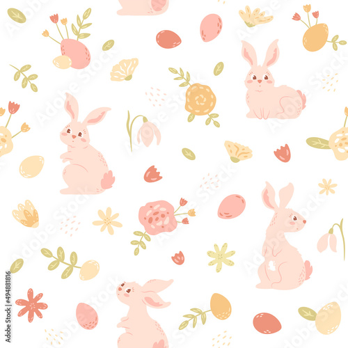 Easter illustration with bunny, eggs, flowers and foliage. Cute baby animal. Cartoon rabbit, snowdrop, spring elements. Vector seamless pattern for holiday package, decor, textile.