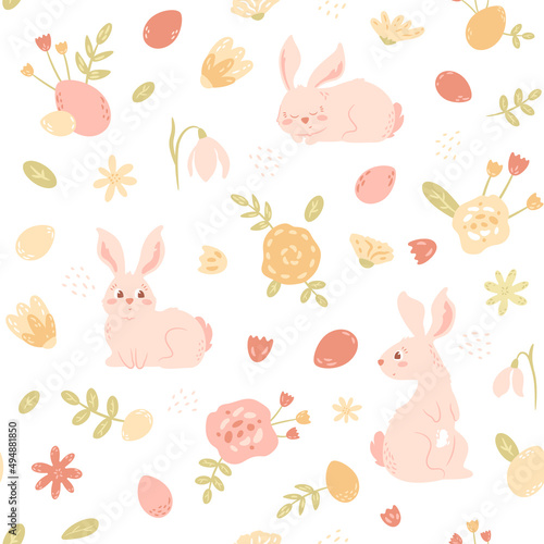 Easter illustration with cute bunny, eggs, flowers and foliage. Cartoon baby animal. Rabbit, snowdrop, spring floral elements. Vector seamless pattern for holiday package, textile.