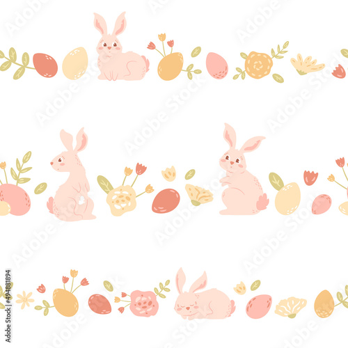 Easter bunny with eggs and flowers in a row. Seamless pattern with borders  cute rabbit  floral compositions. Vector illustration.
