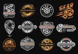 Set of color vintage label with black, gold, copper, silver steel gears, metal rails, rivets, text. Emblems in steampunk style on black background. Good for craft design.