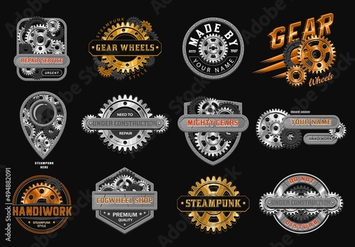 Set of color vintage label with black, gold, copper, silver steel gears, metal rails, rivets, text. Emblems in steampunk style on black background. Good for craft design.