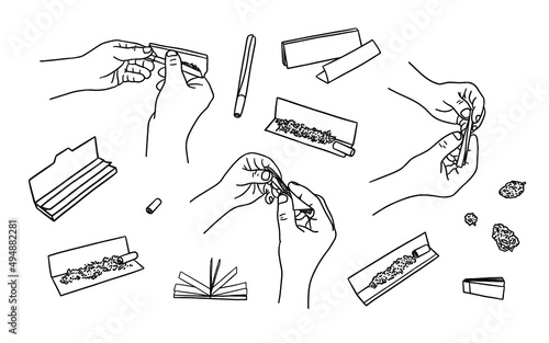 Vector set with hands rolling weed joint, rolling paper, filters and buds of marijuana 