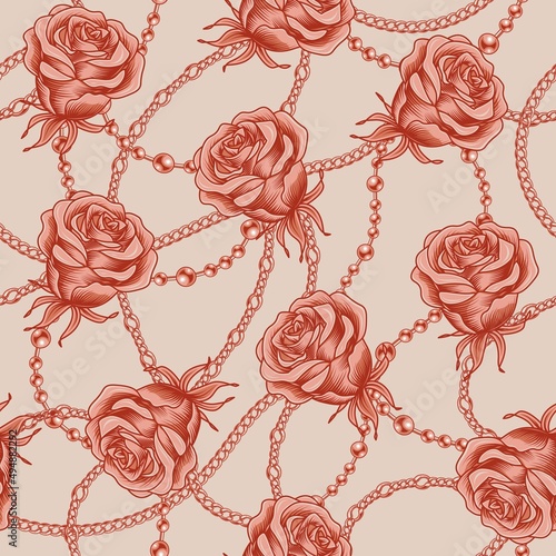 Monochrome seamless pattern with pale red engraved roses, metal chains, dollar sign, rhinestones on beige background. Vector illustration.