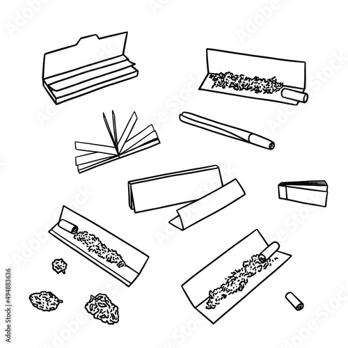 Vector set with rolling paper, joint and marijuana joint on white background