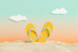 flip flops on beach sand with sunset studio background