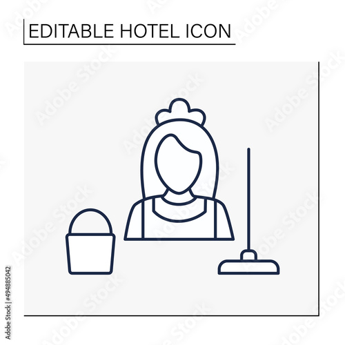  Maid line icon. Housemaid, maidservant. Cleaning service in hotel room, lobby.Hotel concept. Isolated vector illustration.Editable stroke