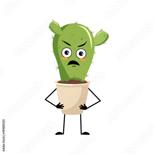 Cute cactus character in pot with angry emotions, grumpy face, furious eyes, arms and legs. Houseplant with irritated expression. Vector flat illustration