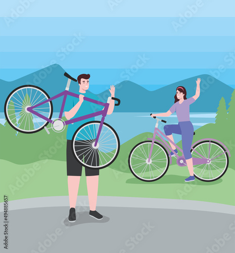 cyclists couple in landscape