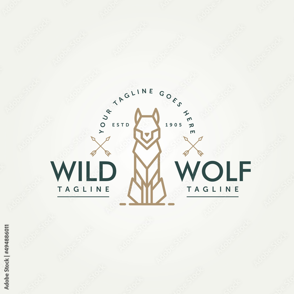 wild wolf simple line art logo icon template vector illustration design. wolf monoline outline with cross spear symbol logo concept wild wolf simple line art logo icon template vector illustration design. wolf monoline outline with cross spear symbol logo concept