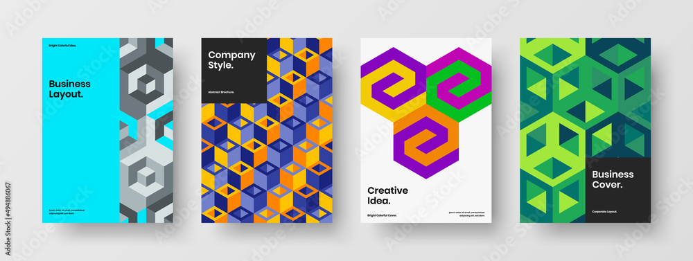 Creative magazine cover A4 design vector template bundle. Vivid mosaic hexagons pamphlet concept set. Creative magazine cover A4 design vector template bundle. Vivid mosaic hexagons pamphlet concept set.