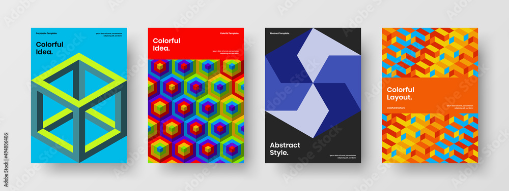 Bright company identity A4 design vector illustration collection. Premium geometric tiles handbill template composition.