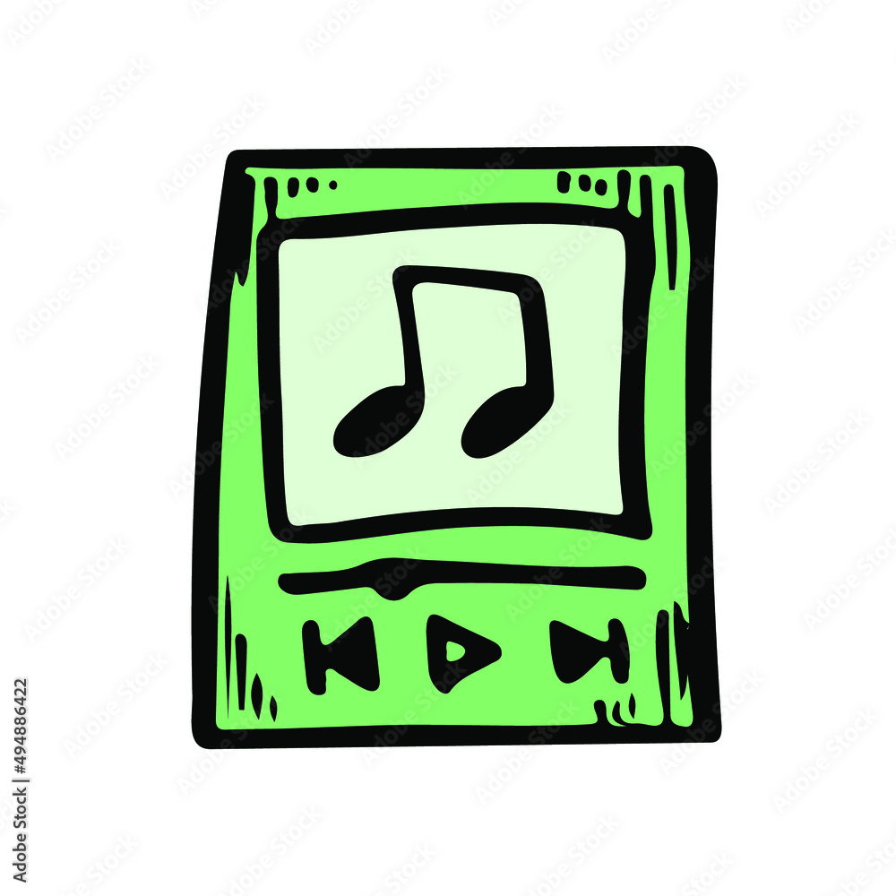 Playlist screen sketch vector illustration isolated on white. Panel with audio track panel, play button, music note. Hand drawn music icon. Playlist screen sketch vector illustration isolated on white. Panel with audio track panel, play button, music note. Hand drawn music icon.