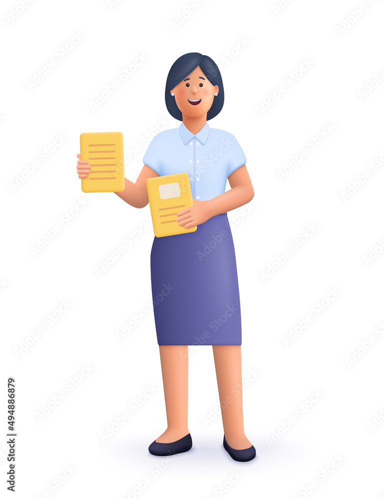 Smiling business woman holding paper documents. Office worker, business woman, secretary concept. 3d vector people character illustration. Cartoon minimal style. - obrazy, fototapety, plakaty 