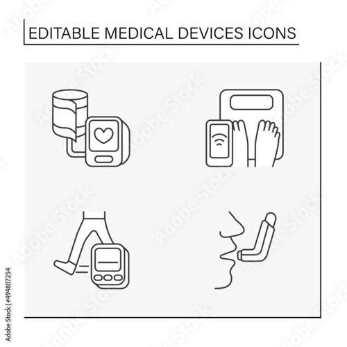 Medical devices line icons set. Blood pressure monitor, body weight on smart scale, pedometer, inhaler. Health concept. Isolated vector illustrations. Editable stroke