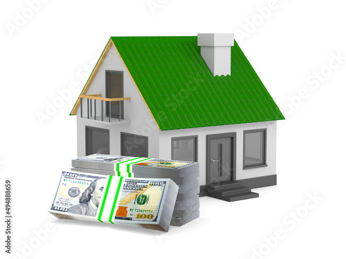 house and money on white background. Isolated 3D illustration