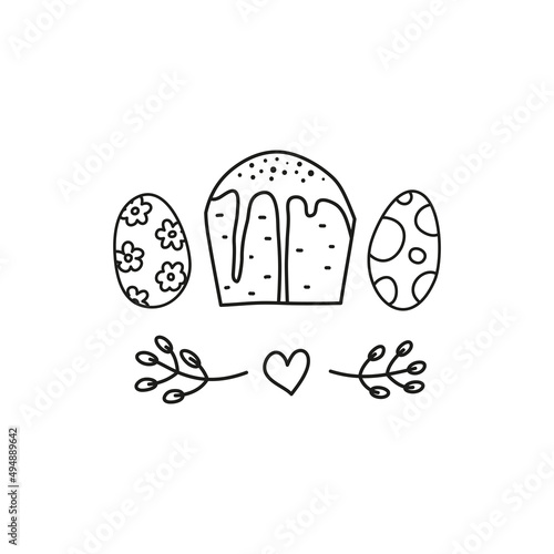 Doodle Easter kulich cake with eggs, pussy willow twigs, heart.