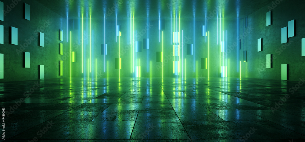 Sci Fi Neon Glowing Lines Cyber Blue Green Laser Lights Behind Glass Panels In Dark Grunge Cement Concrete Underground Tunnel Corridor Studio Hangar 3D Rendering