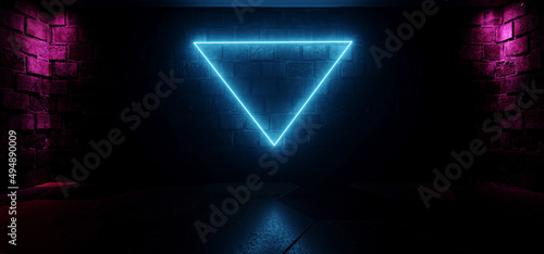 Wallpaper Mural Neon Glowing Triangle Laser In Dark Realistic Stone Wall Hangar Basement Barn Ancient Room Corridor Tunnel Purple Spotlights Glowing Down Background Cement Concrete Bricks Old 3D Rendering Torontodigital.ca