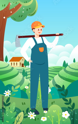 May 1st labor day, farmer carrying a hoe to work in the farmland, vector illustration