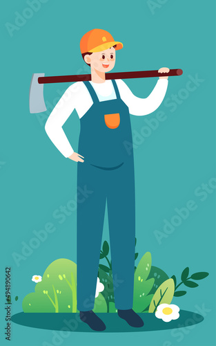 May 1st labor day, farmer carrying a hoe to work in the farmland, vector illustration