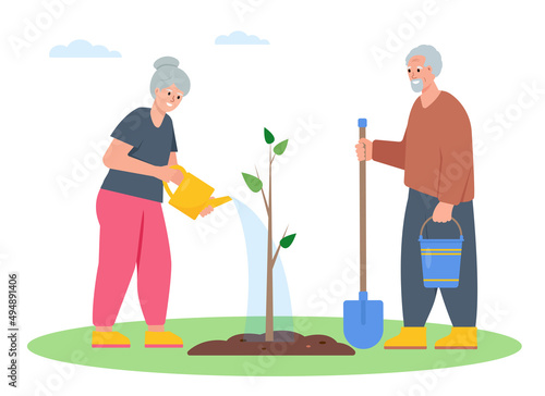 A couple of elderly gardeners plant a tree in garden. Old woman with watering can and man with shovel. Gardening, planting, growing concept. Flat or cartoon vector illustration.