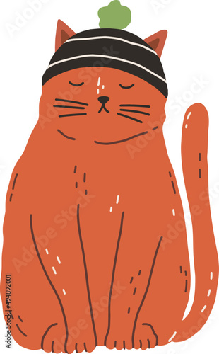 Cute Funny Ginger Cat in Hat Doodle Illustration