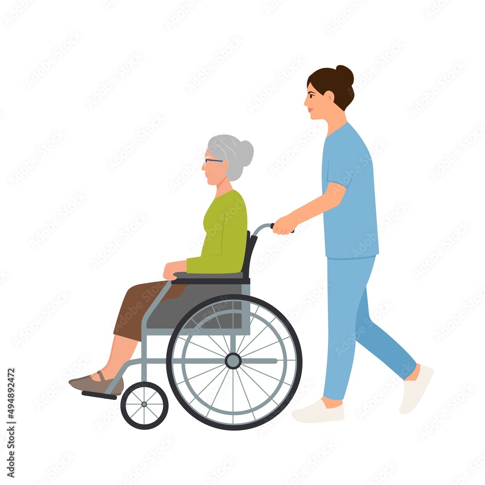 A female nurse pushing a wheelchair for an elderly woman. Senior patient.Vector illustration A female nurse pushing a wheelchair for an elderly woman. Senior patient.Vector illustration