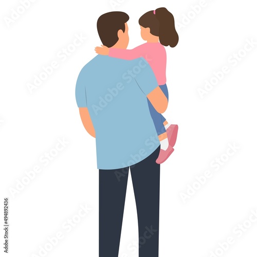 Father  holding  his daughter in his arms. Happy father's day backside view isolated vector illustration.