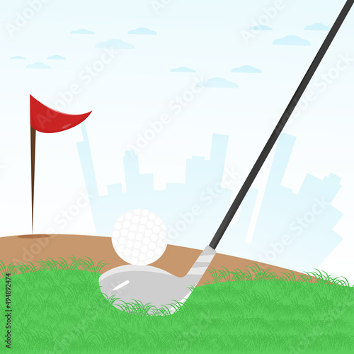Golf tournament. sports game on a field with Green grass, a flagpole and a hole. Spend pleasant Summer Free Time and Rest. Cartoon Flat Vector Illustration