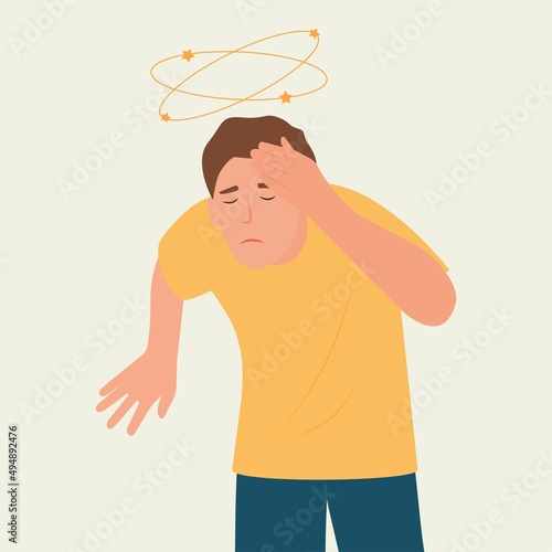 Dizziness. Man with closed eyes holds his hand on head, stars spin around his head. Sick man with vertigo.Vector illustration, flat design.