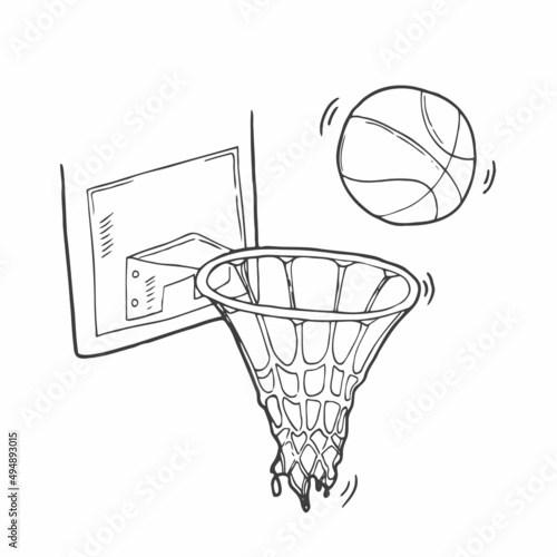 Basketball board with hoop net and Basketball ball. Hand drawn vector illustration