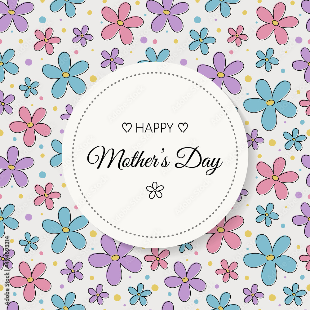 Mother’s Day card with hand drawn flowers and wishes. Vector