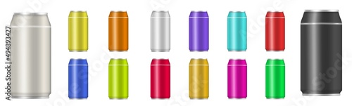 Realistic metallic aluminum cans for soda, drink.