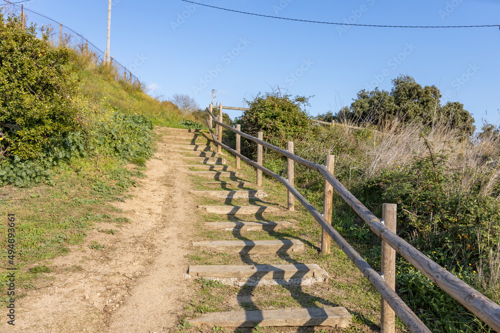 A long wooden pedestrian staircase from the base of the hill to its top For walks in the park. Green vegetation in the foreground.