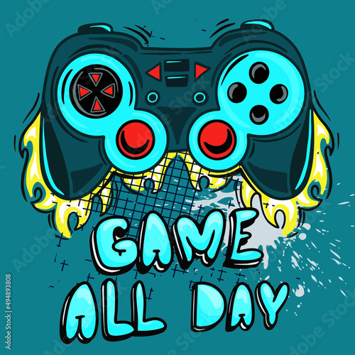 Game all day. Typography gamer print with joystick. For boys graphic tees