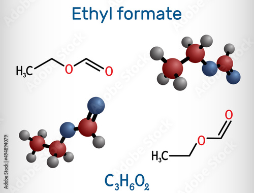 Ethyl formate, ethylformate,  ethyl methanoate, formic ether molecule. It is formate ester derived from formic acid and ethanol. Structural chemical formula, molecule model