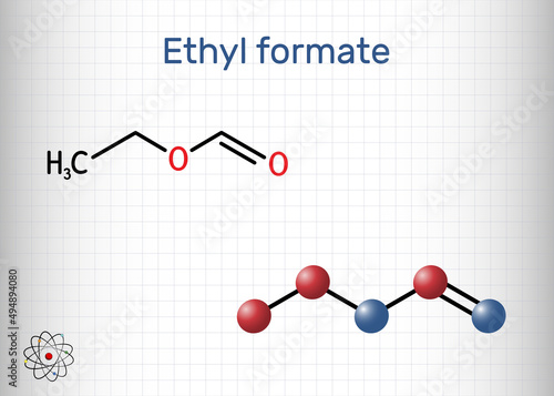 Ethyl formate, ethylformate,  ethyl methanoate, formic ether molecule. It is formate ester derived from formic acid and ethanol.. Structural chemical formula, molecule model. Sheet of paper in a cage