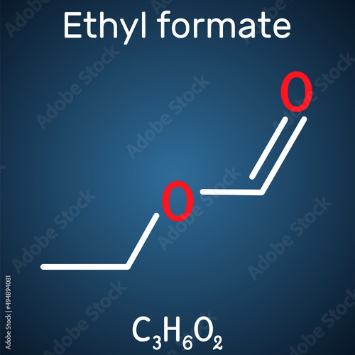 Ethyl formate, ethylformate,  ethyl methanoate, formic ether molecule. It is formate ester derived from formic acid and ethanol. Structural chemical formula on the dark blue background