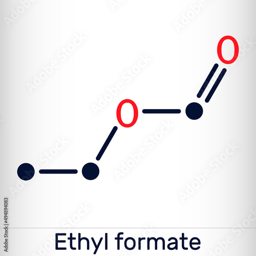 Ethyl formate, ethylformate,  ethyl methanoate, formic ether molecule. It is formate ester derived from formic acid and ethanol. Skeletal chemical formula