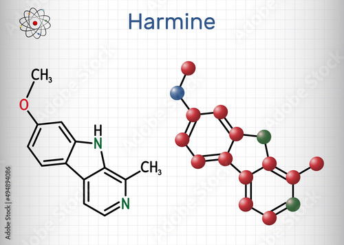 Harmine molecule. It is fluorescent harmala alkaloid, inhibits monoamine oxidase A, MAO-A. Structural chemical formula and molecule model. Sheet of paper in a cage