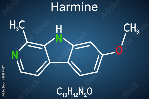 Harmine molecule. It is fluorescent harmala alkaloid, inhibits monoamine oxidase A, MAO-A. Structural chemical formula on the dark blue background