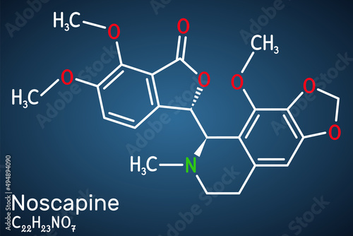 Noscapine molecule. It is non-sedating isoquinoline alkaloid used for its antitussive properties. Structural chemical formula on the dark blue background