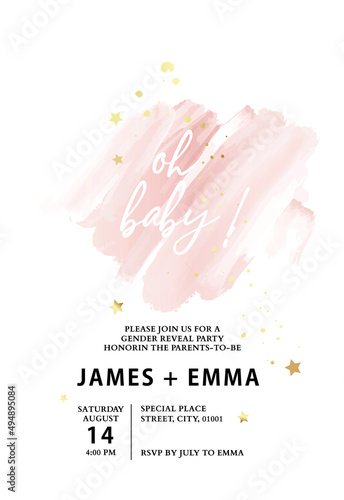 Gender reveal party invitation template, baby girl pink card in vector. Watercolor cover, greeting template , abstract romantic design , thank you card, save the date, rsvp card  bubble gum